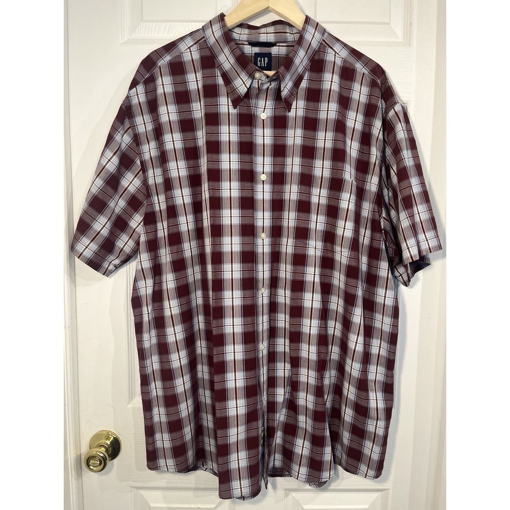 GAP Men's XXL Plaid Button Up Shirt Short Sleeve Burgundy Cotton Casual Pocket